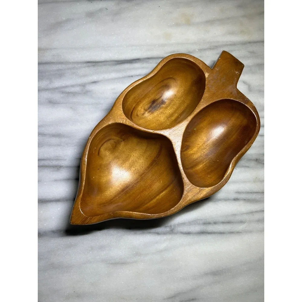 Vintage Hand Carved Wooden Leaf Serving Tray Divided 3 Section Nut Dish Brown